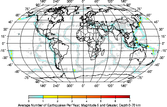 Average number of earthquakes per yer by region on Earth